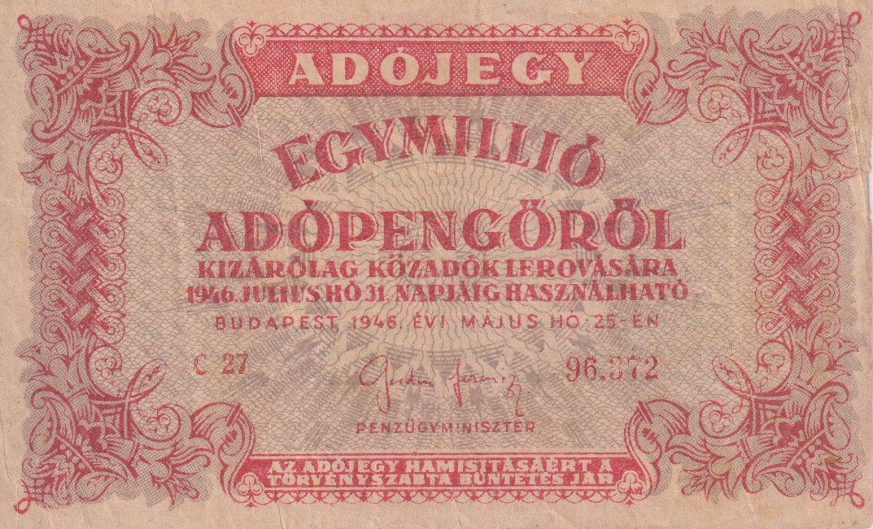 Adójegy 1.000.000 Adópengőről 1946. ( C 27 ) forditott címer!