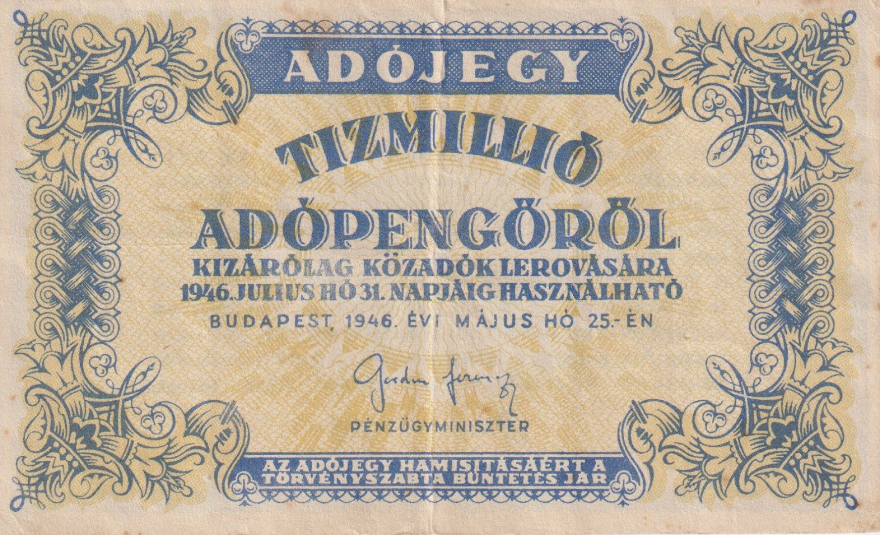 Adójegy 10.000.000 Adópengőről 1946.