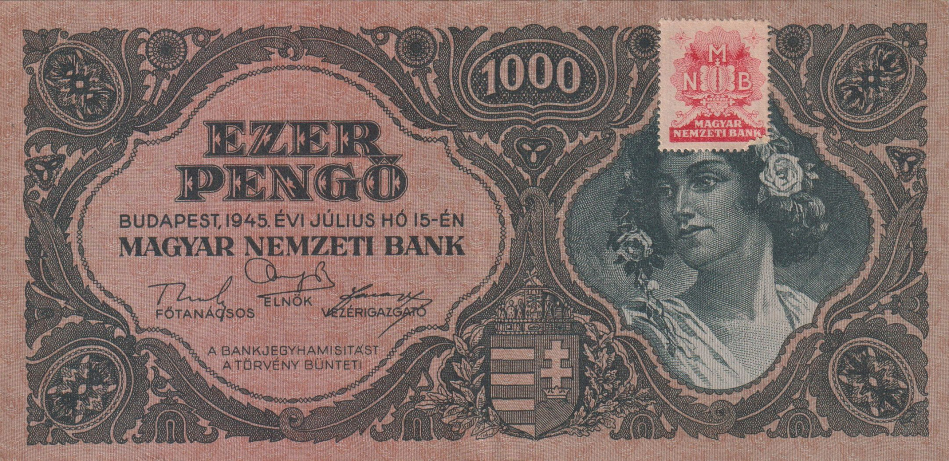 1.000 Pengő 1945. MNB. Bélyeggel