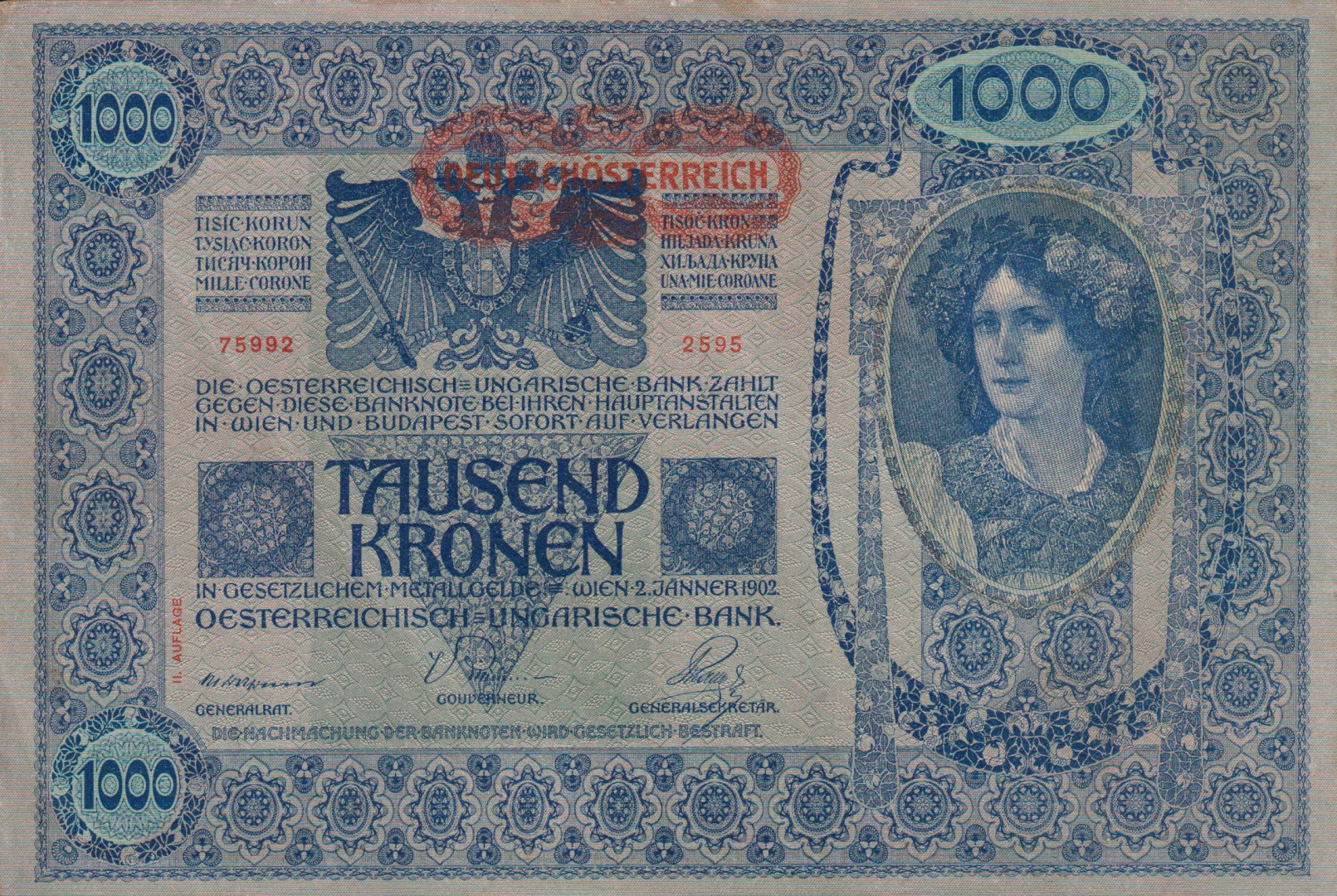 1000 Korona  1902. ( 2595 ) II. kiadás Osztrák felülbélyegzéssel