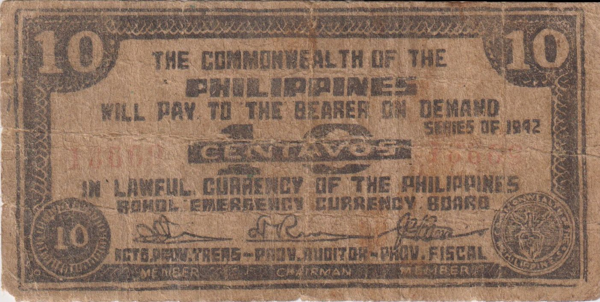 Fülöp-szig. II.Vh. 10 centavos  1942.Ser. BOHOL tartomány  Kat:S131b