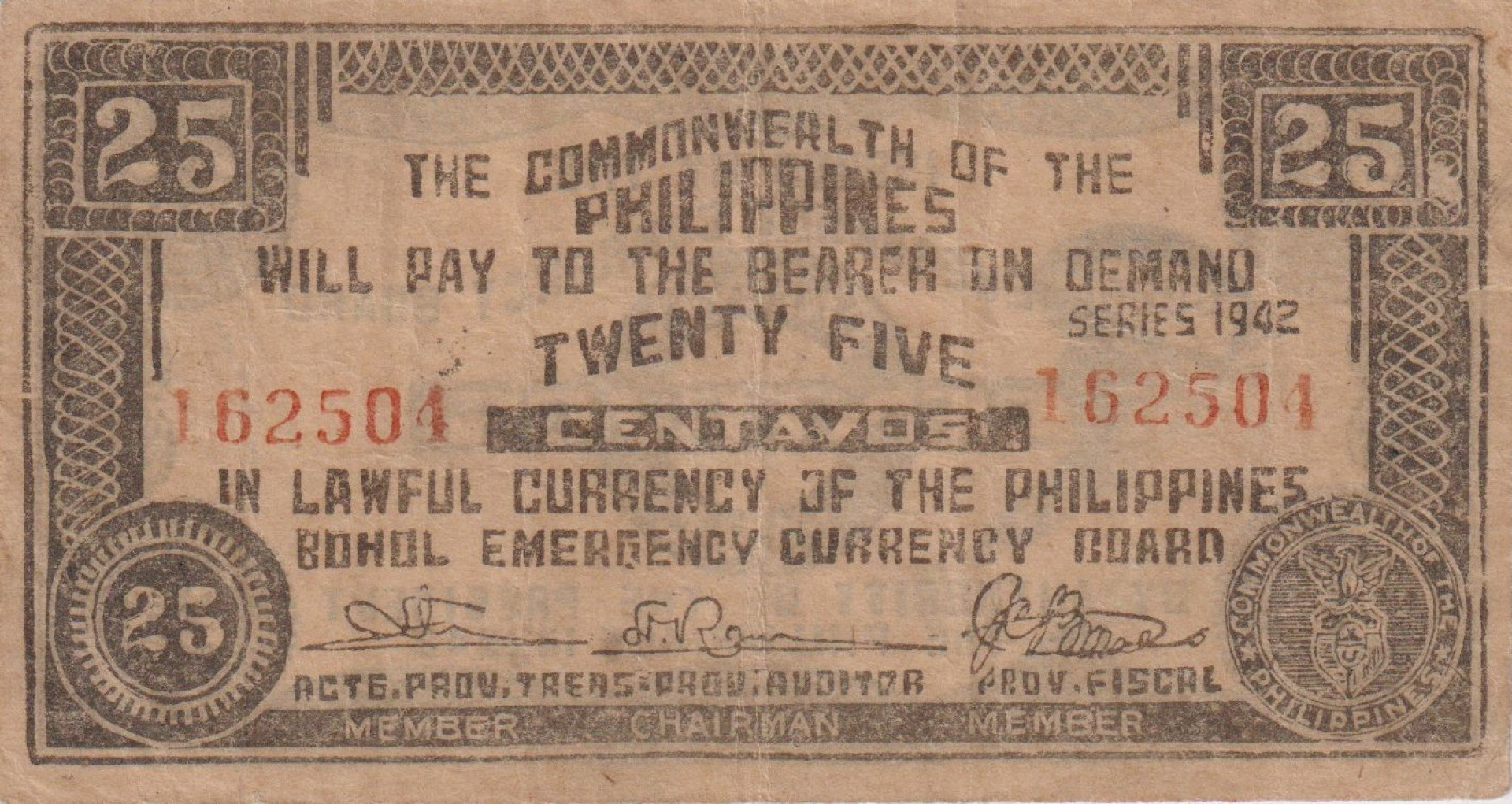 Fülöp-szig. II.Vh. 25 centavos  1942.Ser. BOHOL tartomány  Kat:S132f