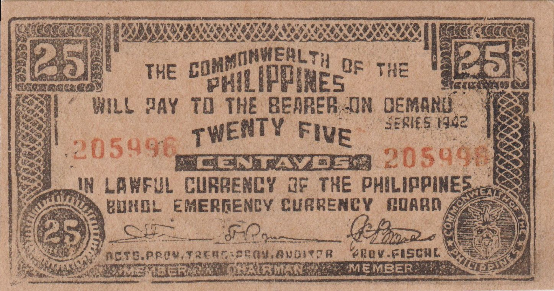Fülöp-szig. II.Vh. 25 centavos  1942.Ser. BOHOL tartomány  Kat:S132f