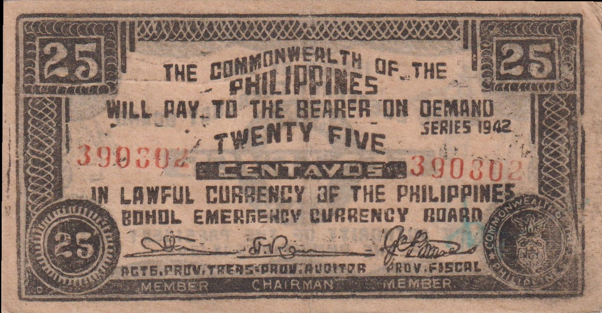 Fülöp-szig. II.Vh. 25 centavos  1942.Ser. BOHOL tartomány  Kat:S133