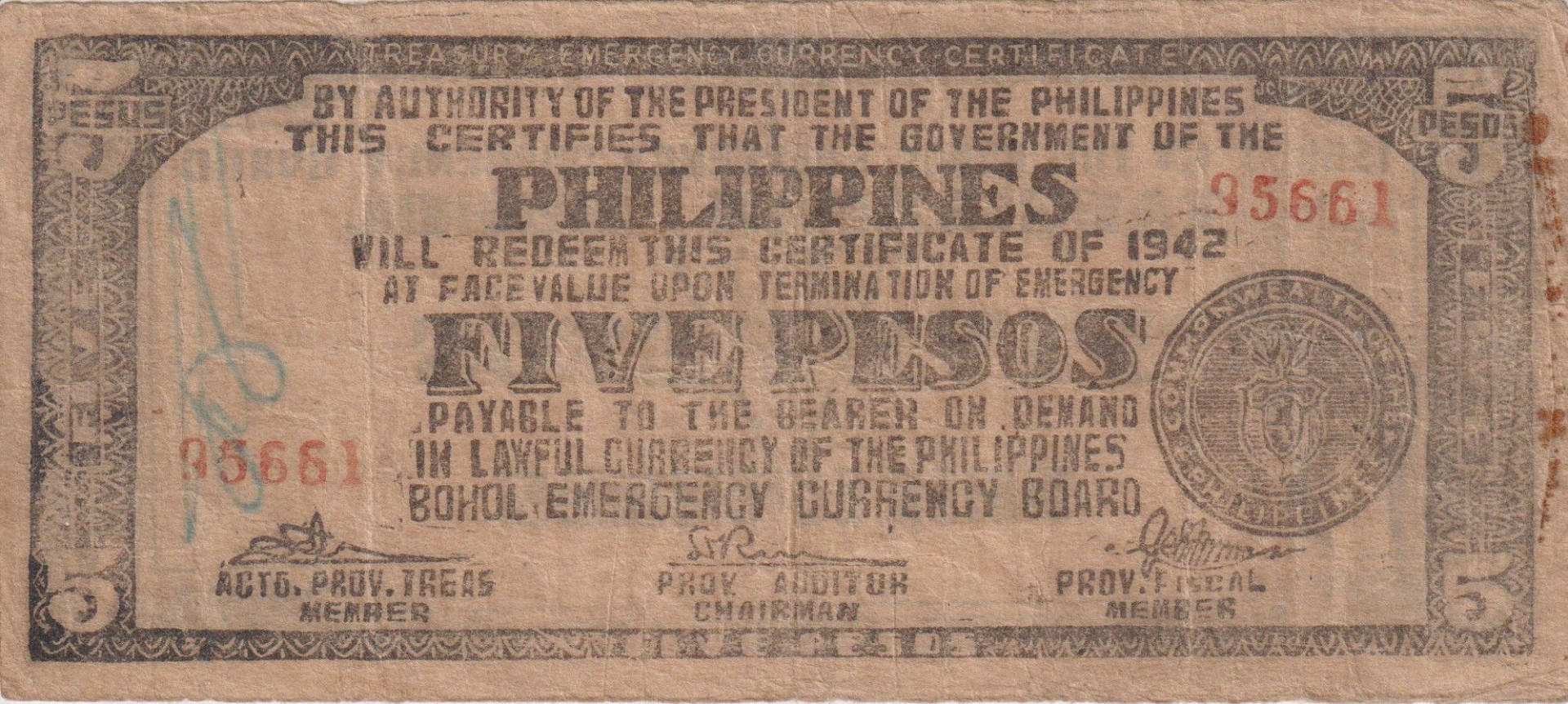 Fülöp-szig. II.Vh. 5 pesos  1942.Ser. BOHOL tartomány  Kat:S136d