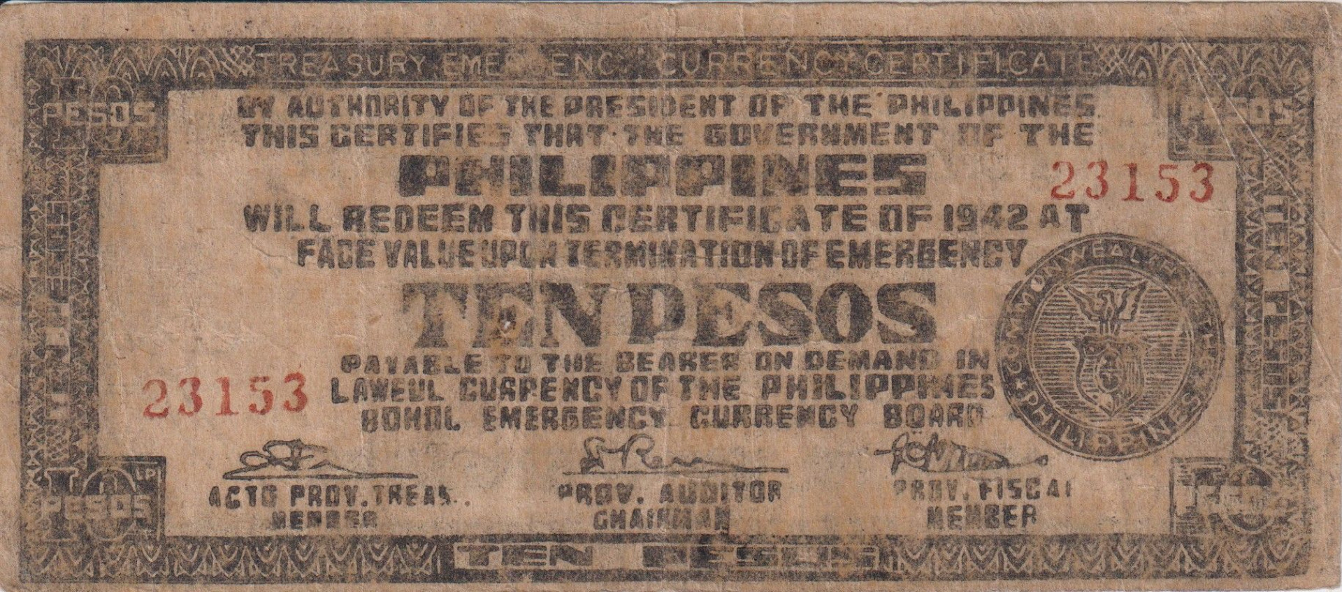 Fülöp-szig. II.Vh. 5 pesos  1942.Ser. BOHOL tartomány  Kat:S136d