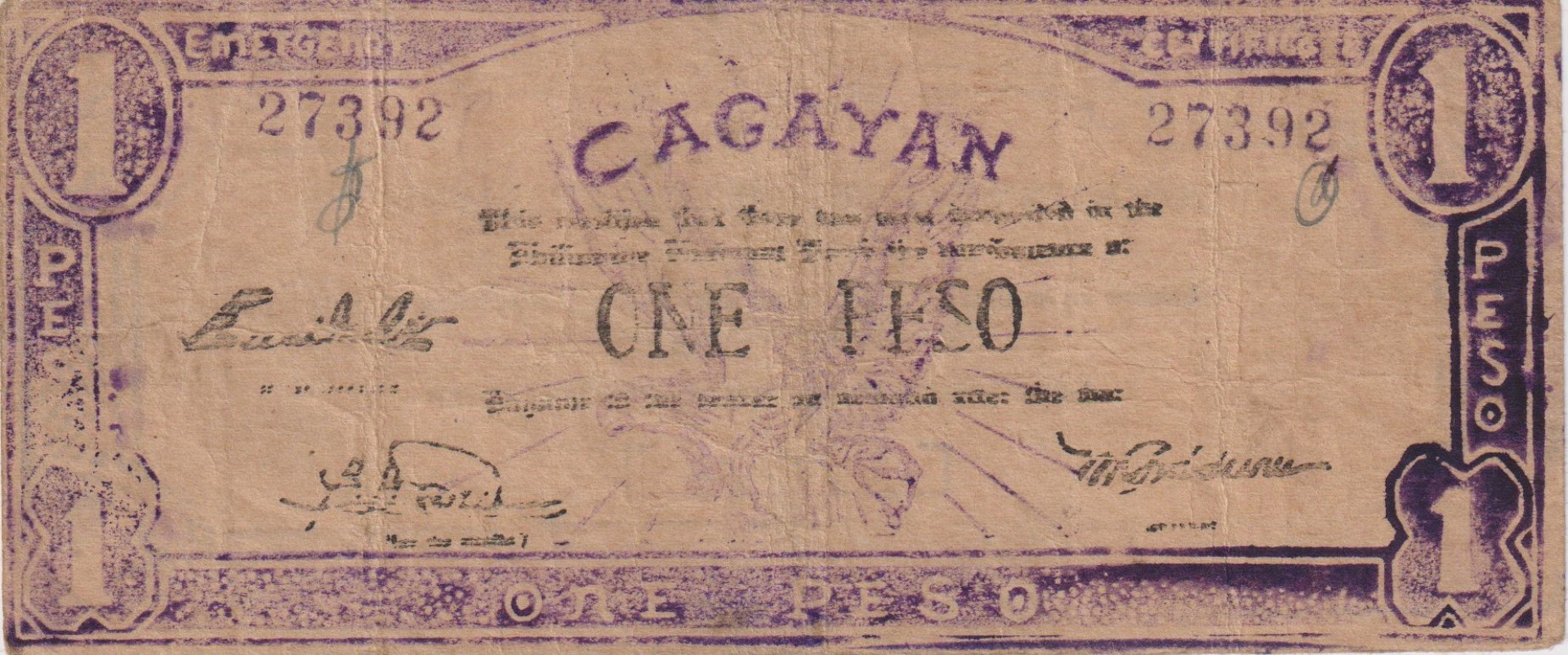 Fülöp-szig. II.Vh. 1 peso  1942.Ser. CAGAYAN tartomány  Kat:S186a