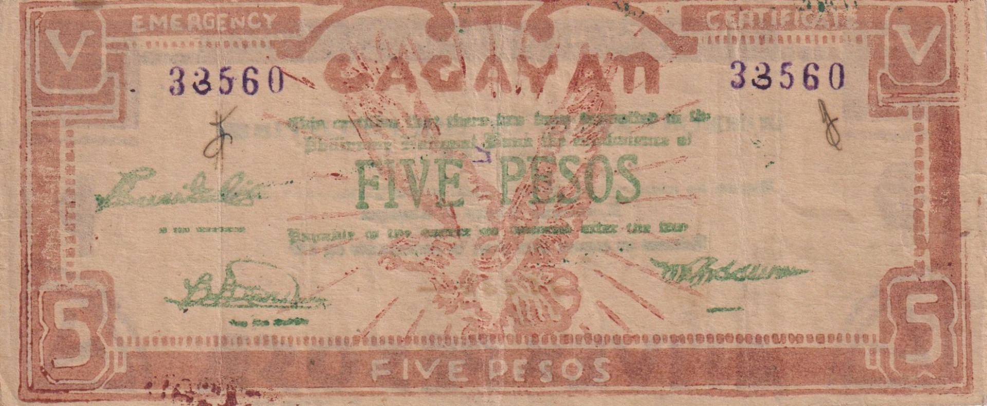 Fülöp-szig. II.Vh. 5 pesos  1942.Ser. CAGAYAN tartomány  Kat:S192