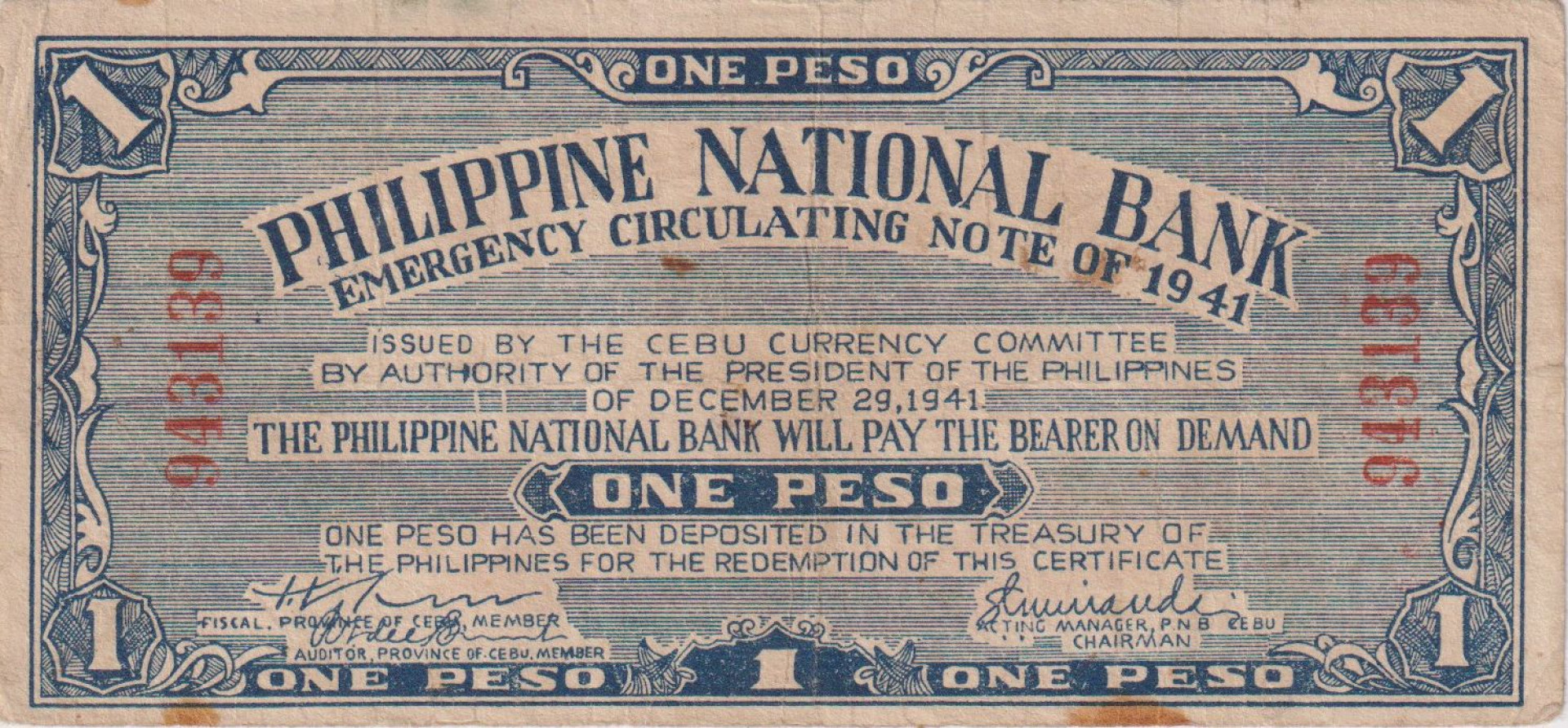 Fülöp-szig. II.Vh. 1 peso  1941.Ser. CEBU tartomány  Kat:S186a
