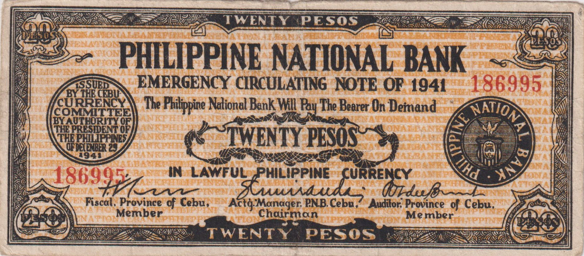 Fülöp-szig. II.Vh. 20 pesos  1941.Ser. CEBU tartomány  Kat:S218a
