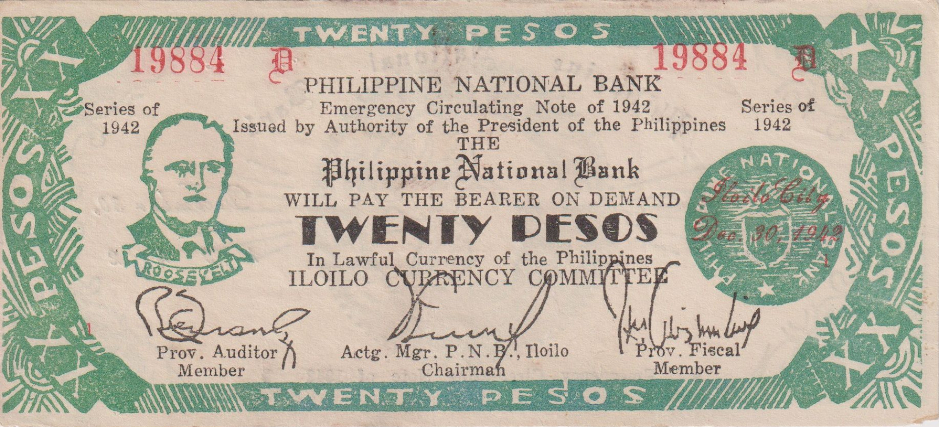 Fülöp-szig. II.Vh. 20 pesos  1942.Ser. ILOILO tartomány  Kat:S315a