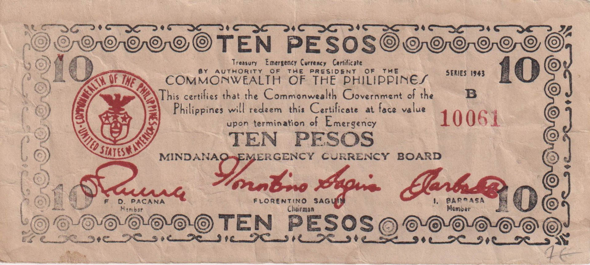 Fülöp-szig. II.Vh. 10 pesos  1943.Ser. MINDANAO-sziget  Kat:S488c