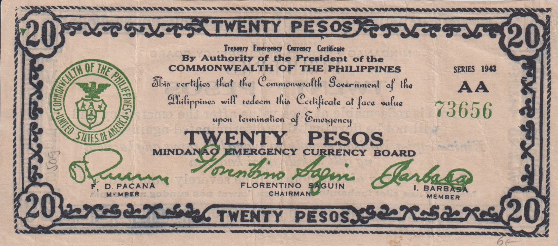 Fülöp-szig. II.Vh. 20 pesos  1943.Ser.AA  MINDANAO-sziget  Kat:S509