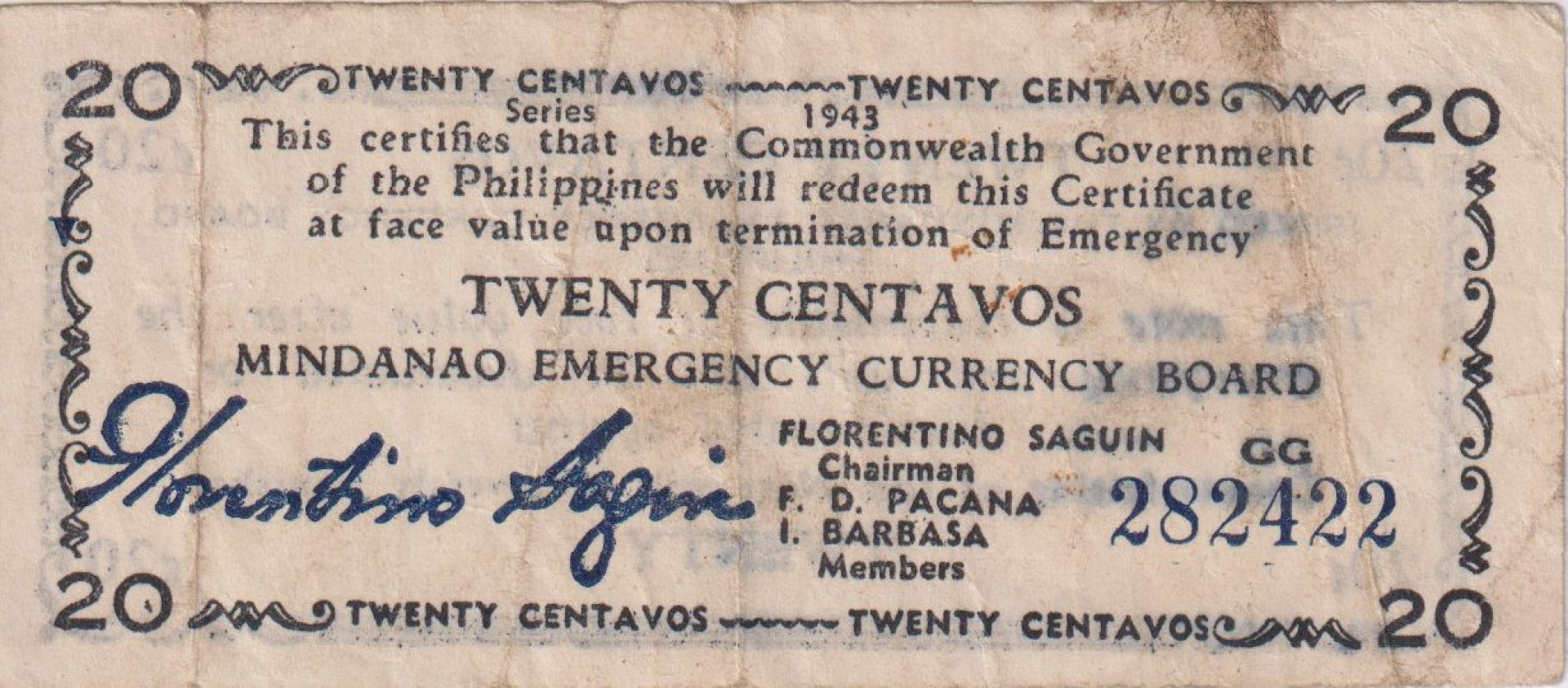 Fülöp-szig. II.Vh. 20 centavos  1943.Ser.GG  MINDANAO-sziget  Kat:S503