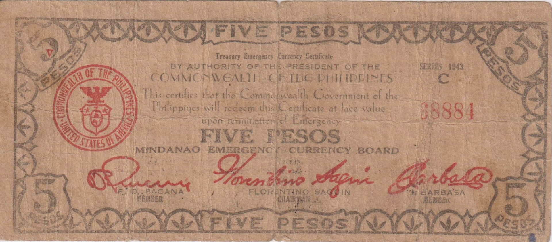 Fülöp-szig. II.Vh. 5 pesos  1943.Ser.C  MINDANAO-sziget  Kat:S507c