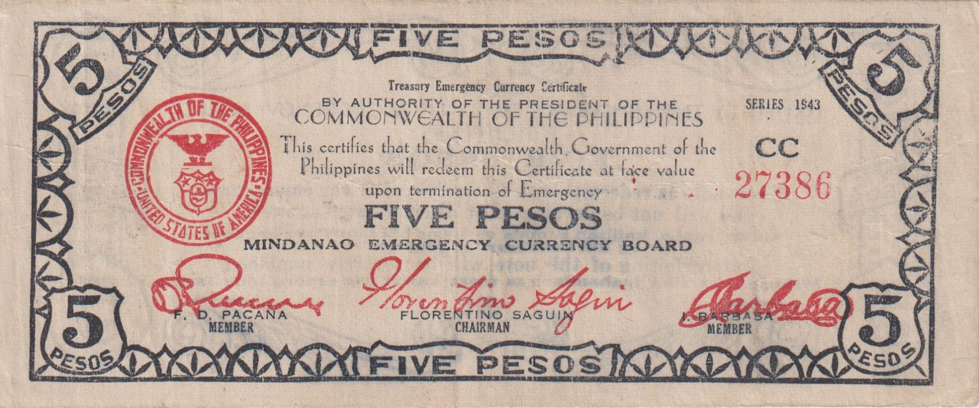 Fülöp-szig. II.Vh. 5 pesos  1943.Ser.CC  MINDANAO-sziget  Kat:S507c