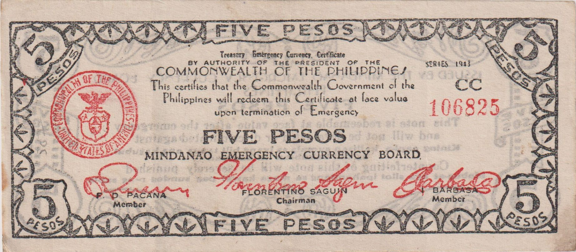 Fülöp-szig. II.Vh. 5 pesos  1943.Ser.CC  MINDANAO-sziget  Kat:S507c