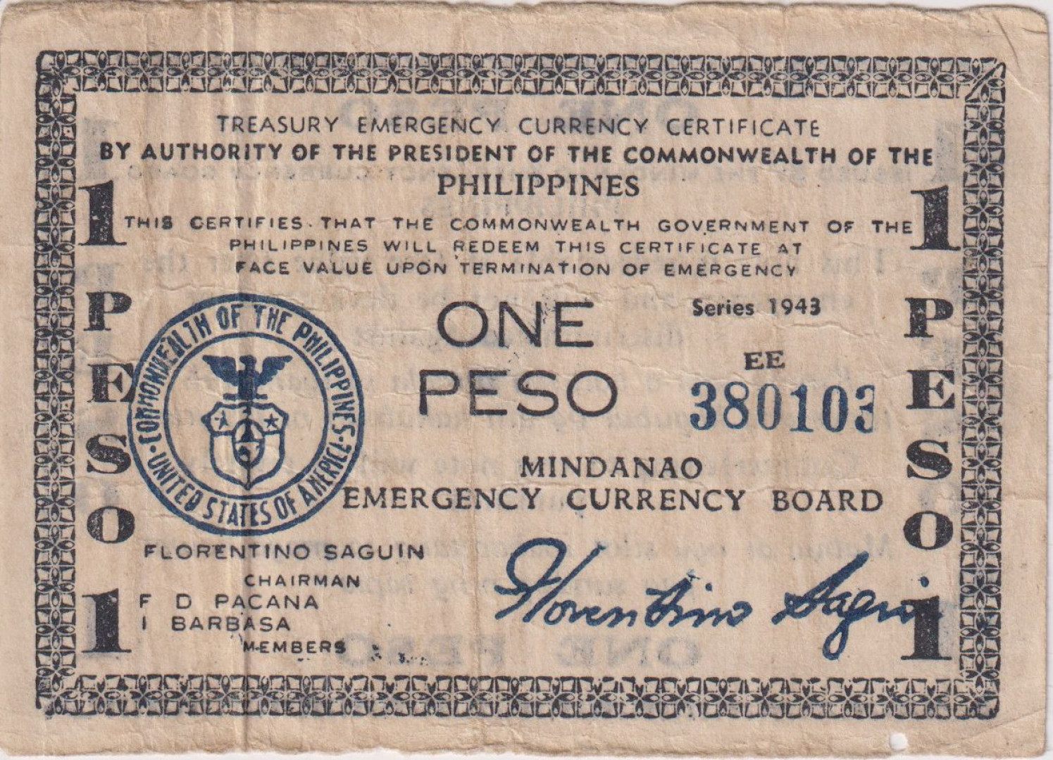Fülöp-szig. II.Vh. 1 peso  1943.Ser. EE MINDANAO-sziget  Kat:S505