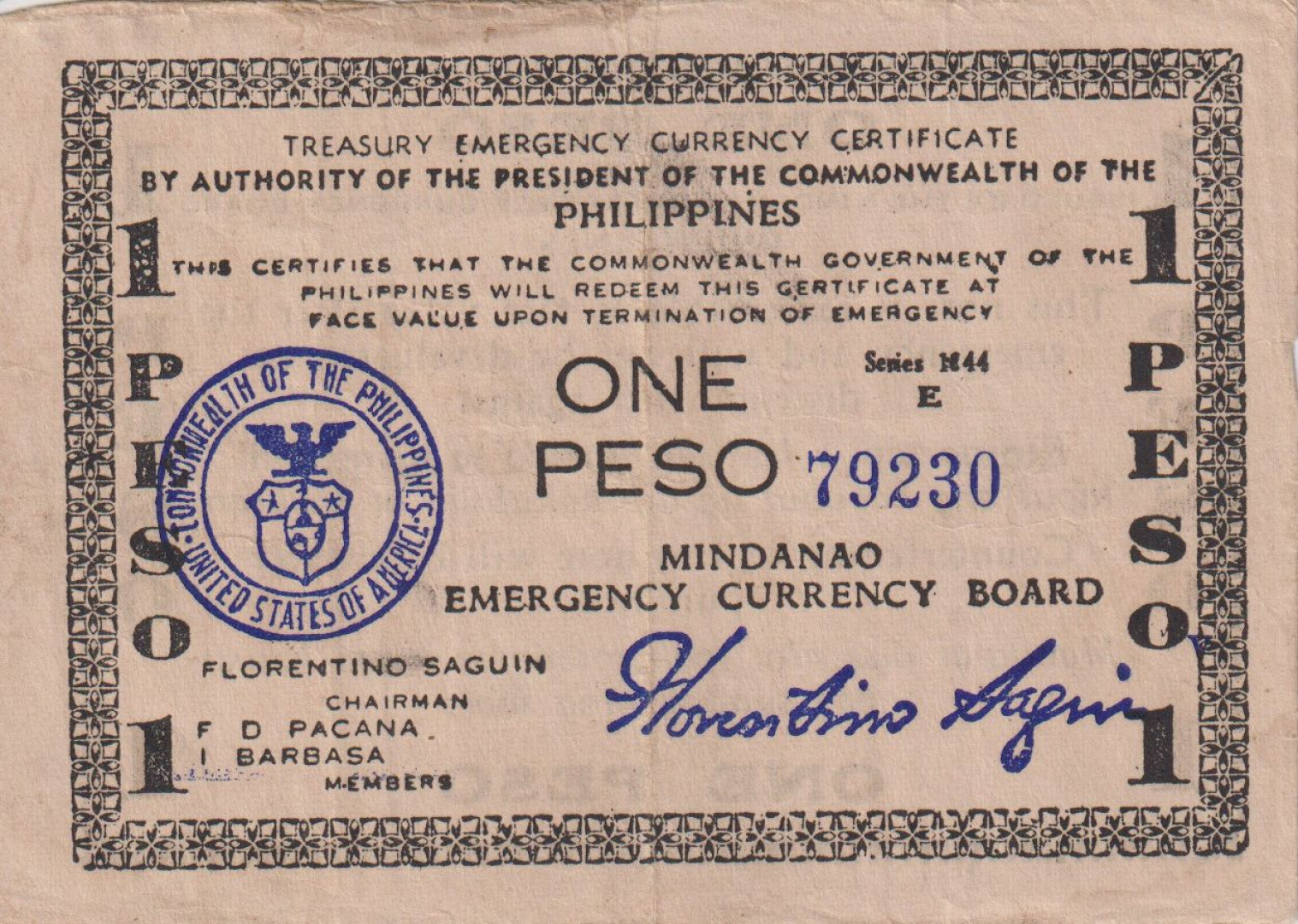 Fülöp-szig. II.Vh. 1 peso  1944.Ser. E MINDANAO-sziget  Kat:S515