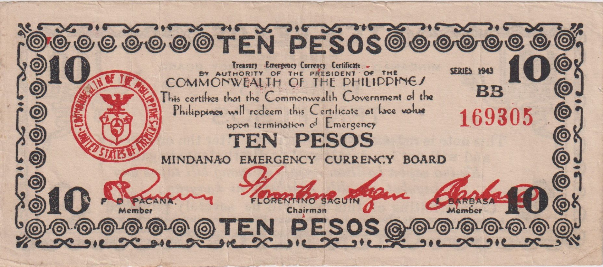 Fülöp-szig. II.Vh. 10 pesos  1943.Ser.BB MINDANAO-sziget  Kat:S508a