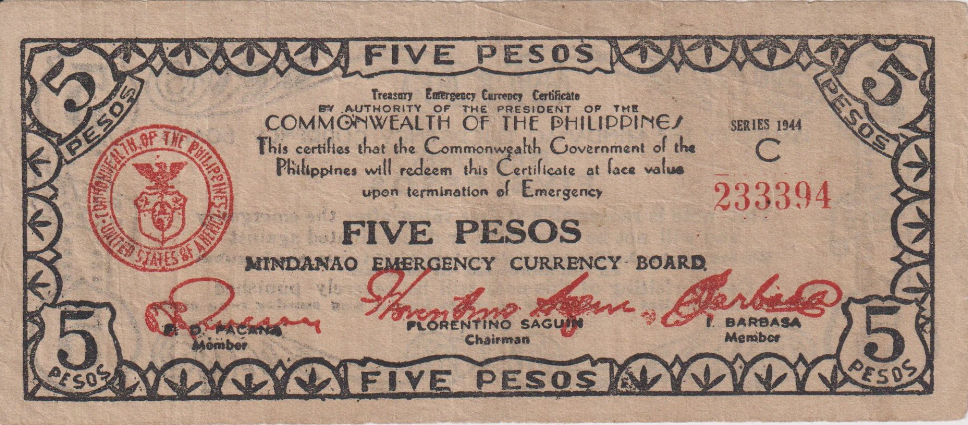 Fülöp-szig. II.Vh. 5 pesos  1944.Ser.C  MINDANAO-sziget  Kat:S517b