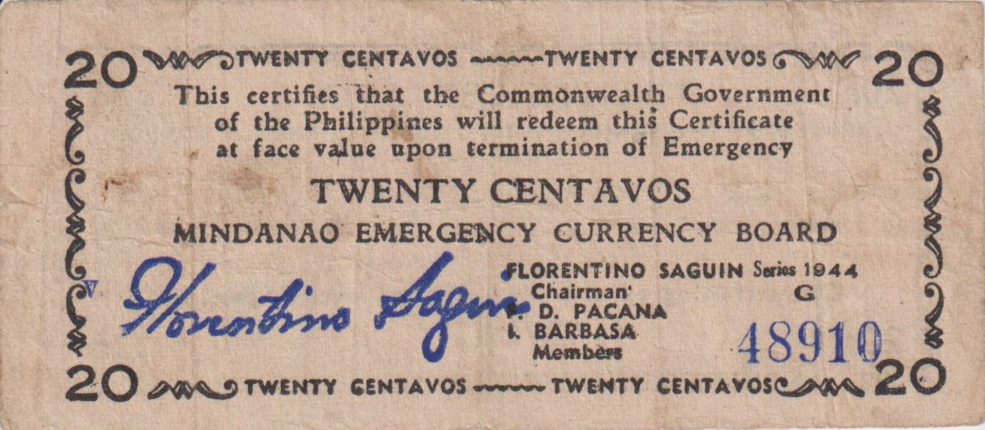 Fülöp-szig. II.Vh. 20 centavos  1944.Ser.G  MINDANAO-sziget  Kat:S513a