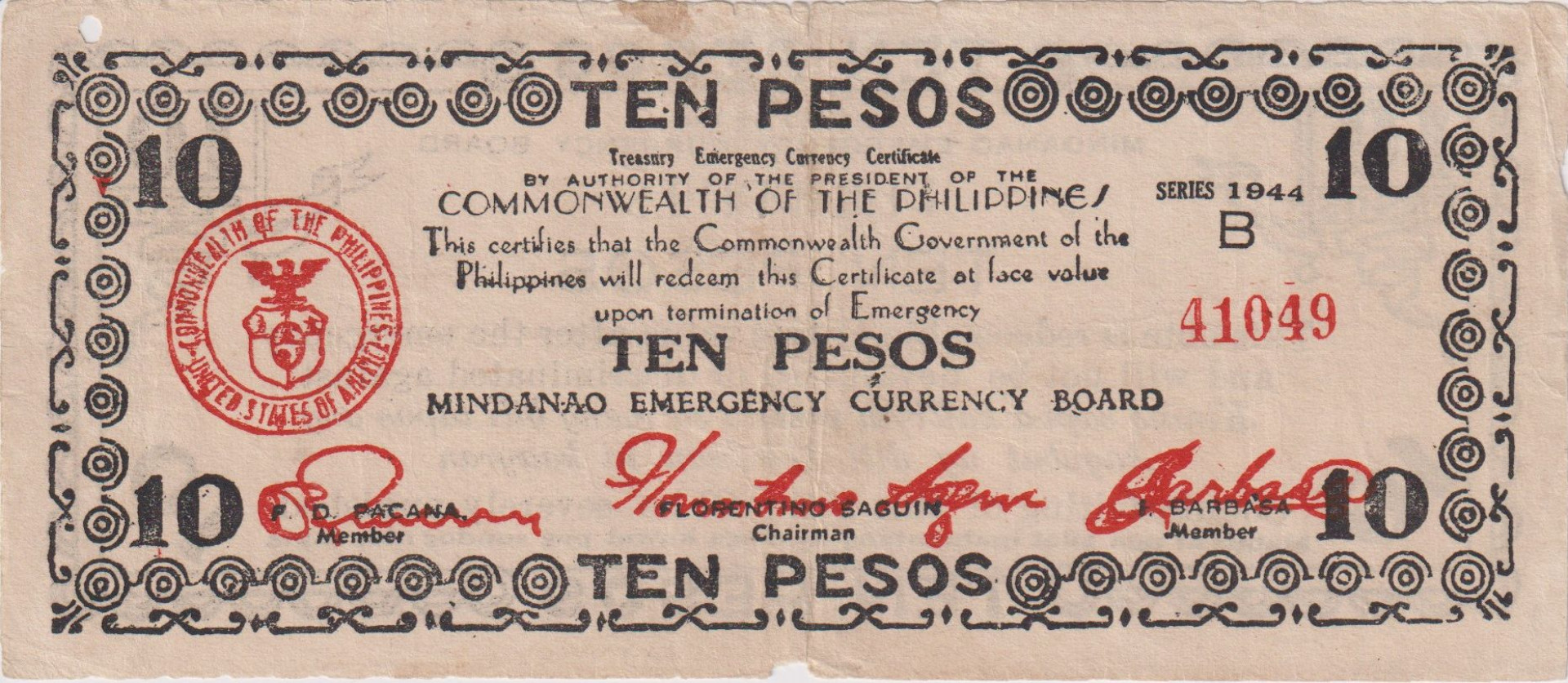 Fülöp-szig. II.Vh. 10 pesos  1944.Ser.B  MINDANAO-sziget  Kat:S518b