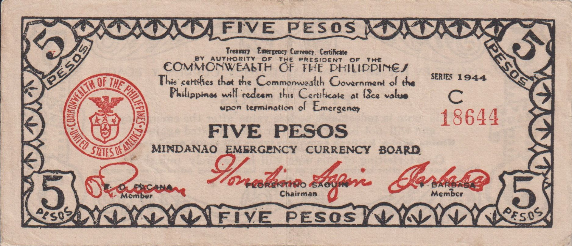 Fülöp-szig. II.Vh. 5 pesos  1944.Ser.C  MINDANAO-sziget  Kat:S517c