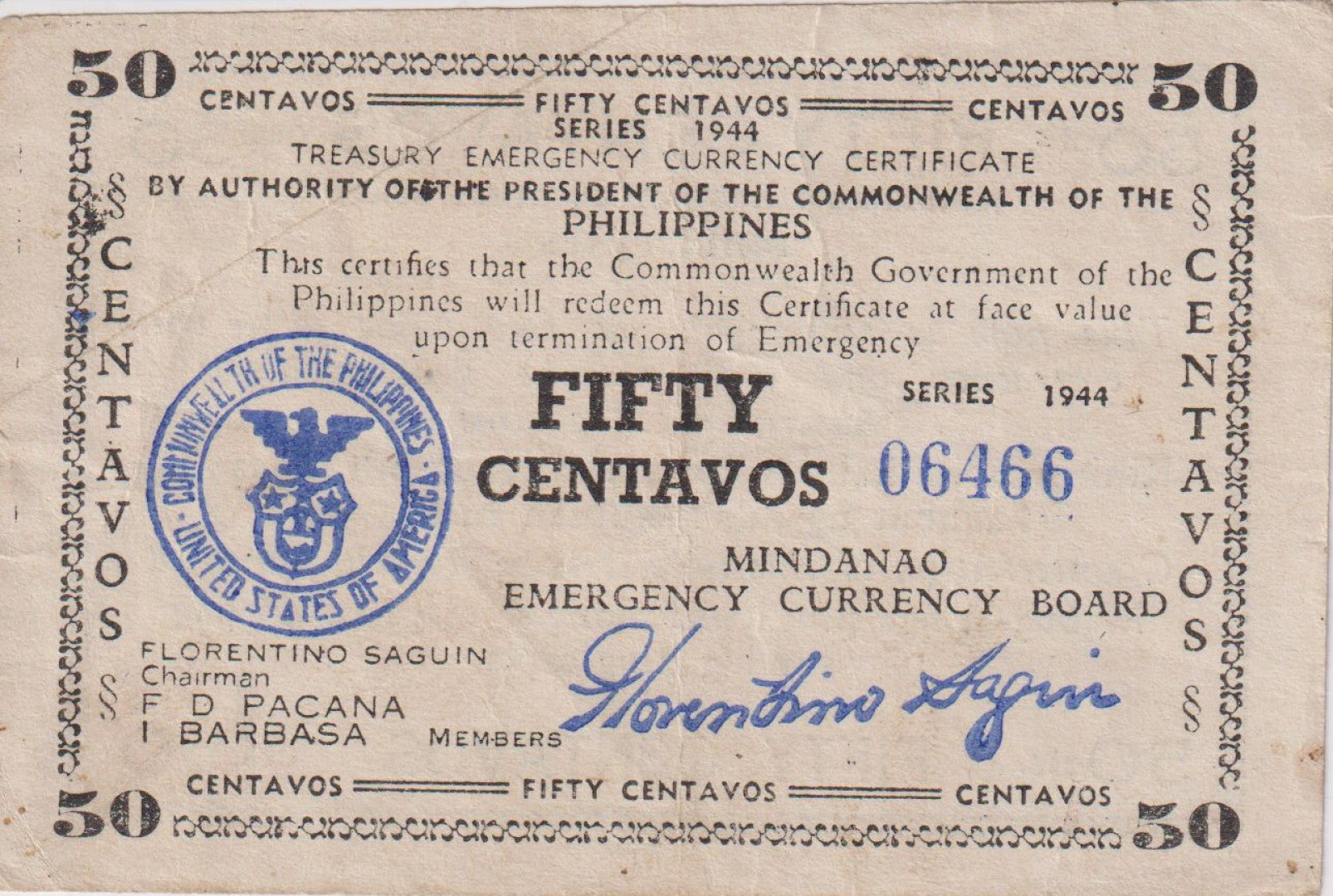 Fülöp-szig. II.Vh. 50 centavos  1944.Ser.  MINDANAO-sziget  Kat:S522a