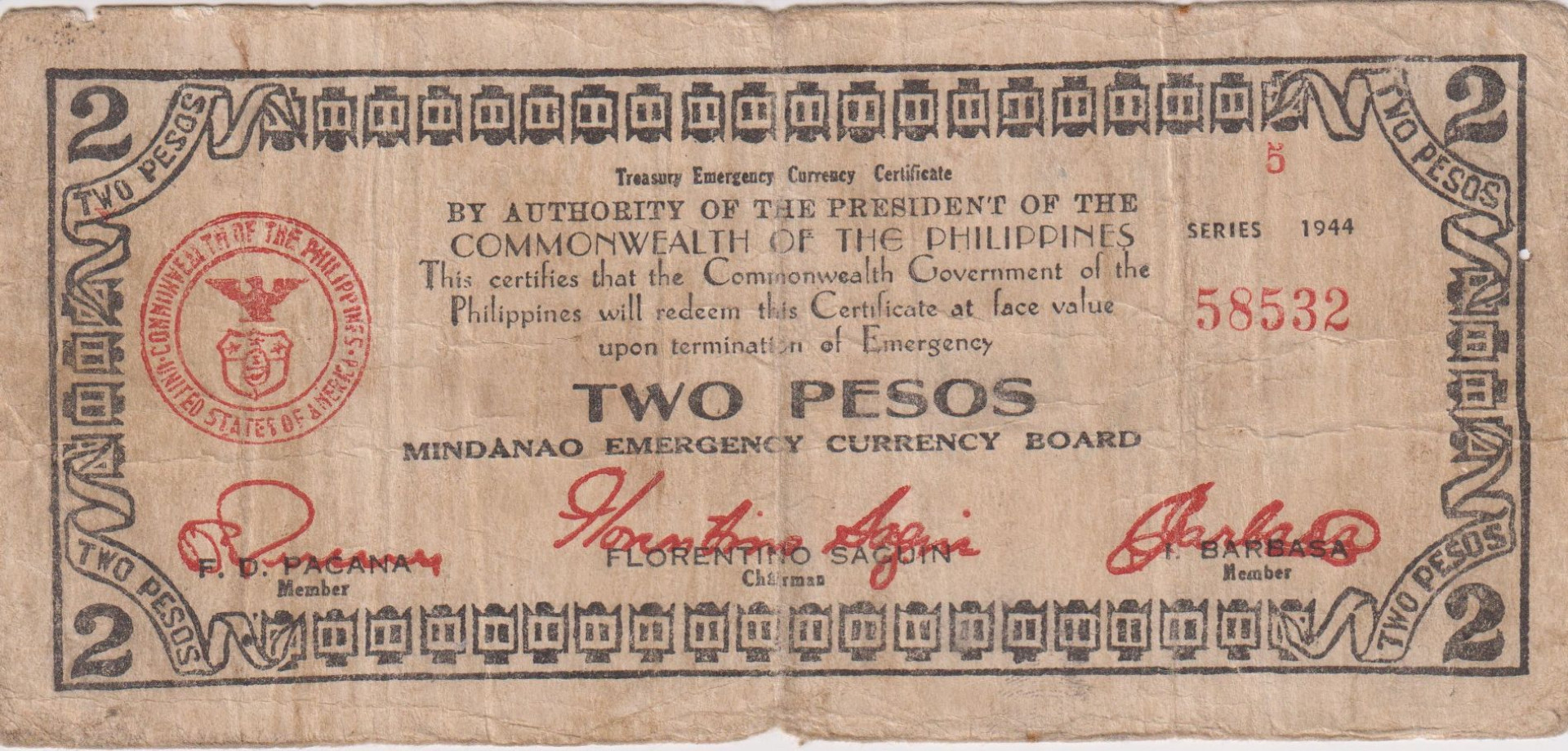 Fülöp-szig. II.Vh. 2 pesos  1944.Ser.5 MINDANAO-sziget  Kat:S524b