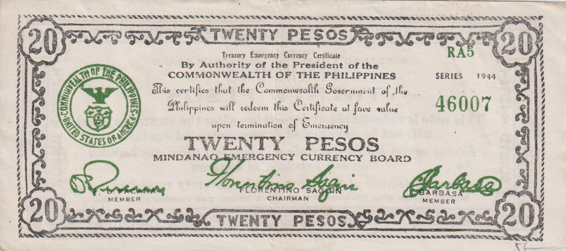 Fülöp-szig. II.Vh. 20 pesos  1944.Ser. RA5  MINDANAO-sziget  Kat:S528d