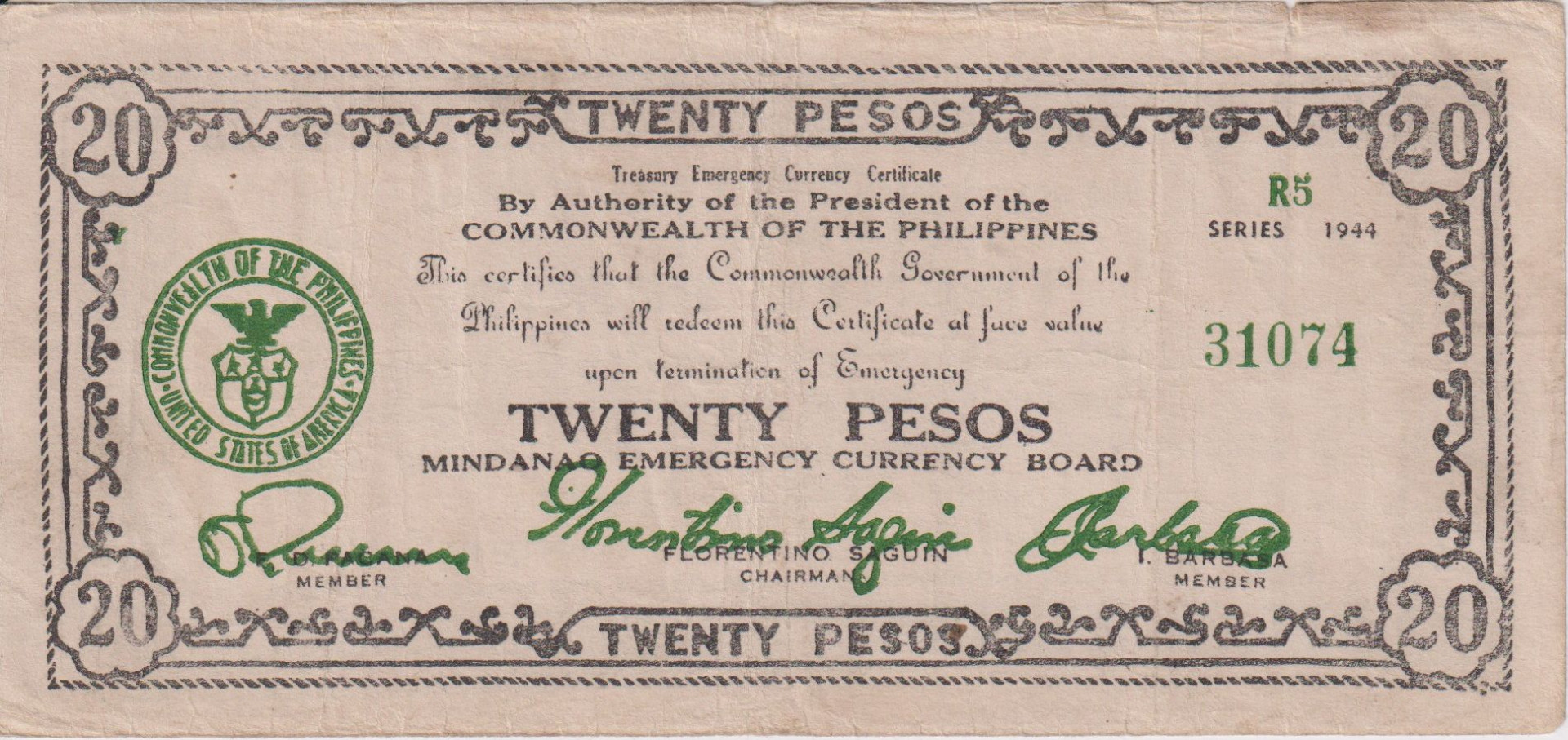 Fülöp-szig. II.Vh. 20 pesos  1944.Ser. R5  MINDANAO-sziget  Kat:S528c