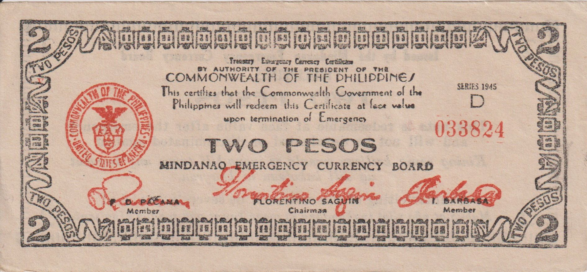 Fülöp-szig. II.Vh. 2 pesos  1944.Ser. D  MINDANAO-sziget  Kat:S516b
