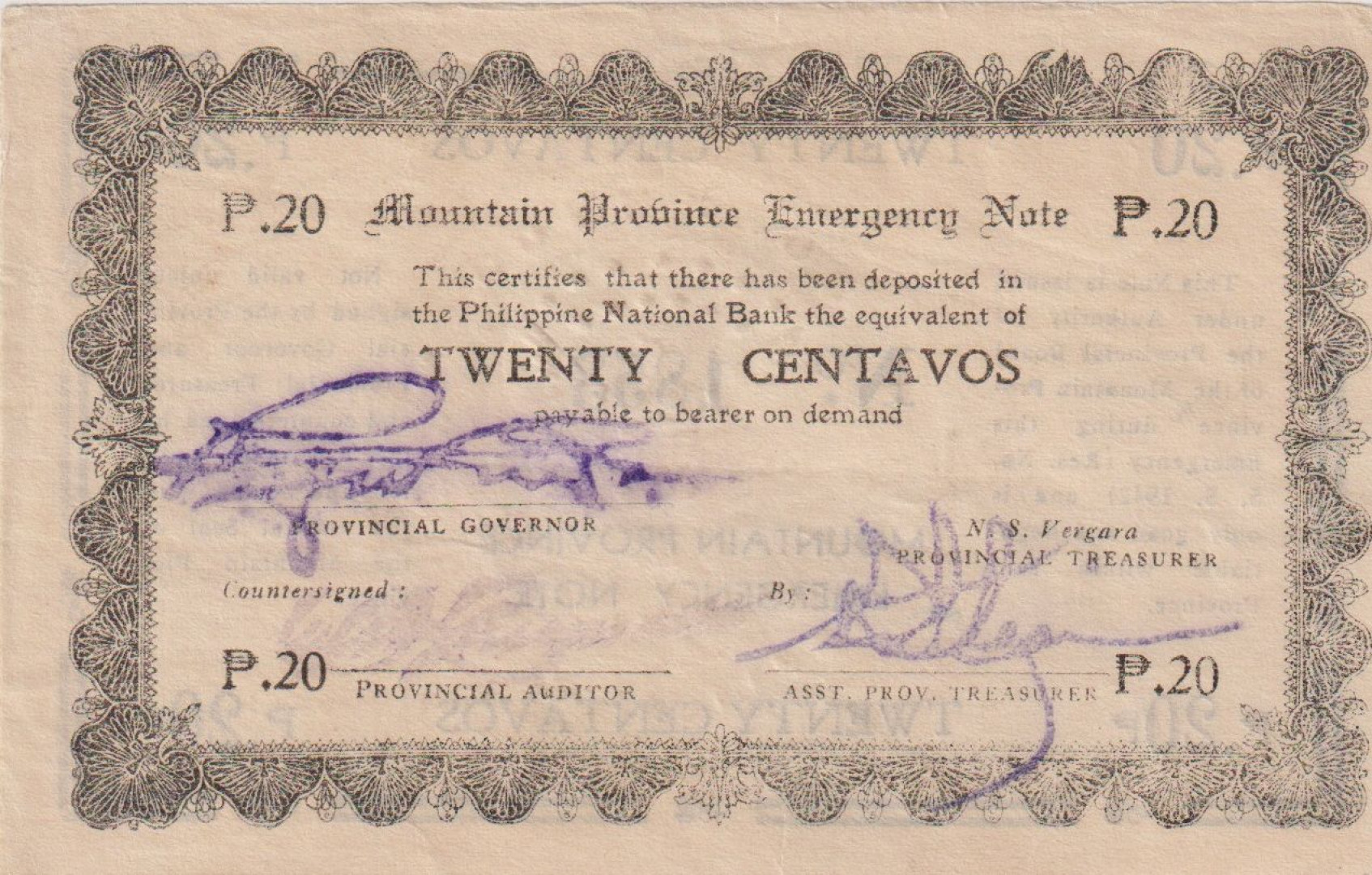 Fülöp-szig. II.Vh. 20 centavos  1942.Ser. MOUNTAIN-tartomány Kat:S593