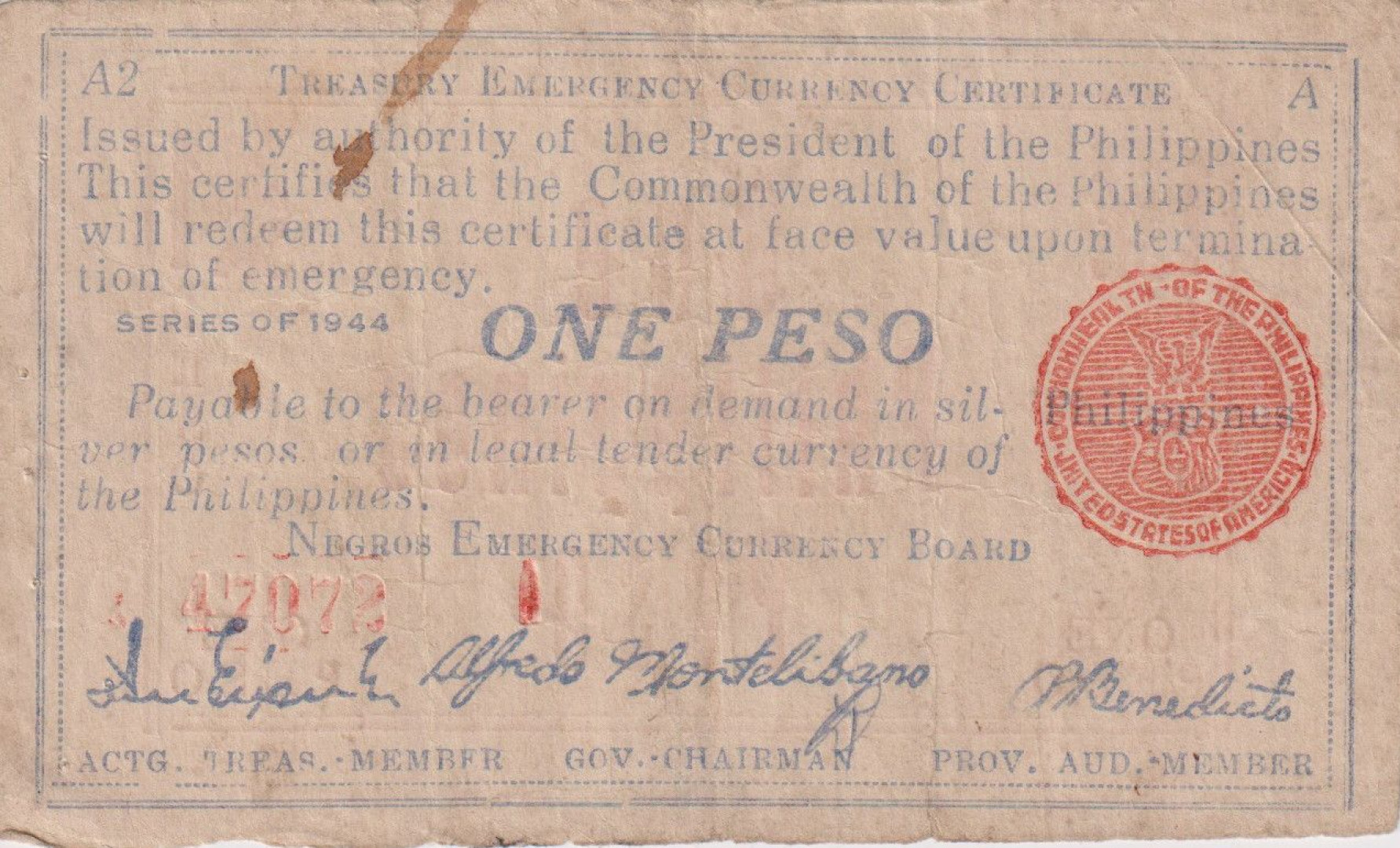 Fülöp-szig. II.Vh. 1 peso  1944.Ser. NEGROS-sziget Kat:S668a