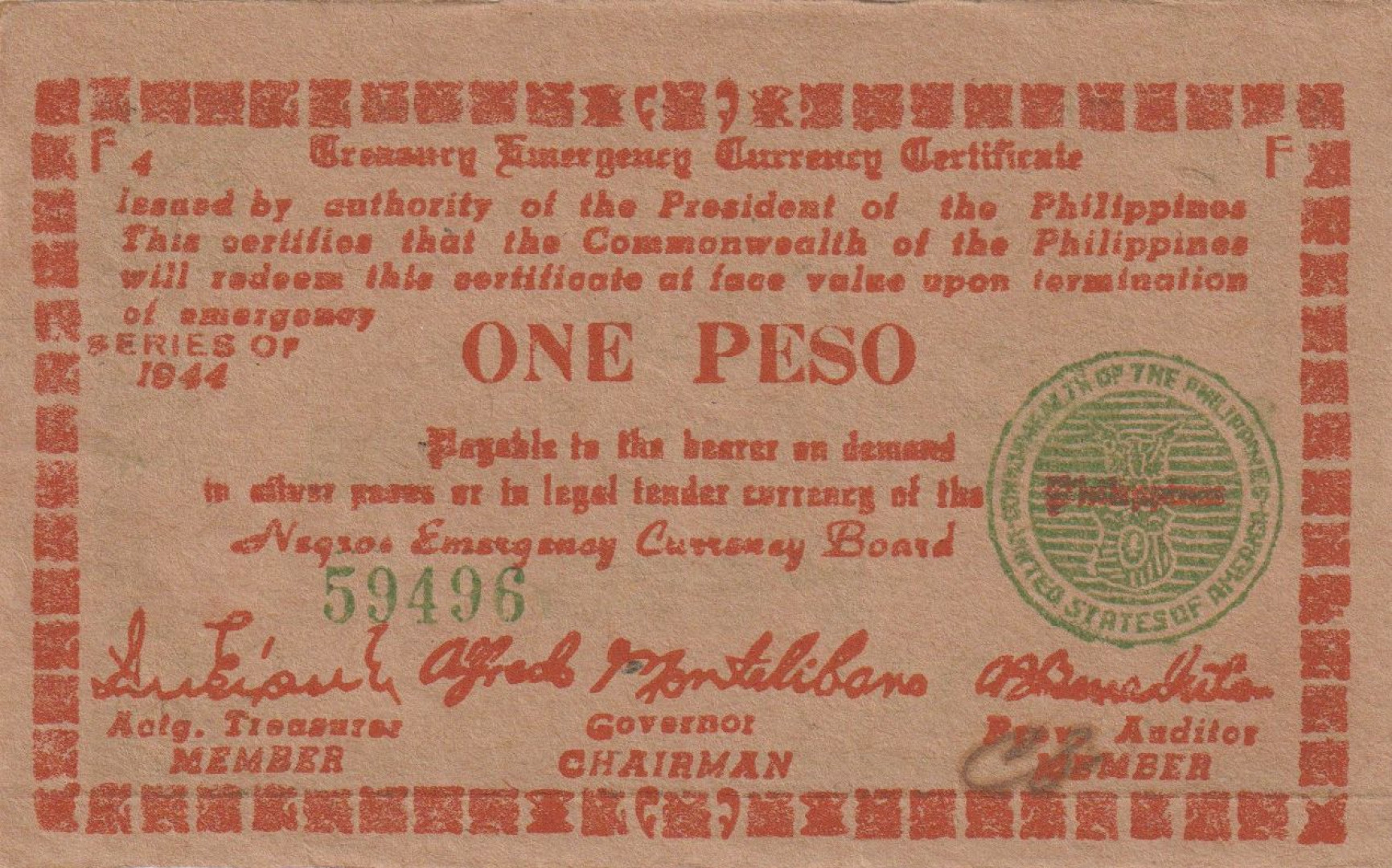 Fülöp-szig. II.Vh. 1 peso  1944.Ser. F.  NEGROS-sziget Kat:S673 vastag papír