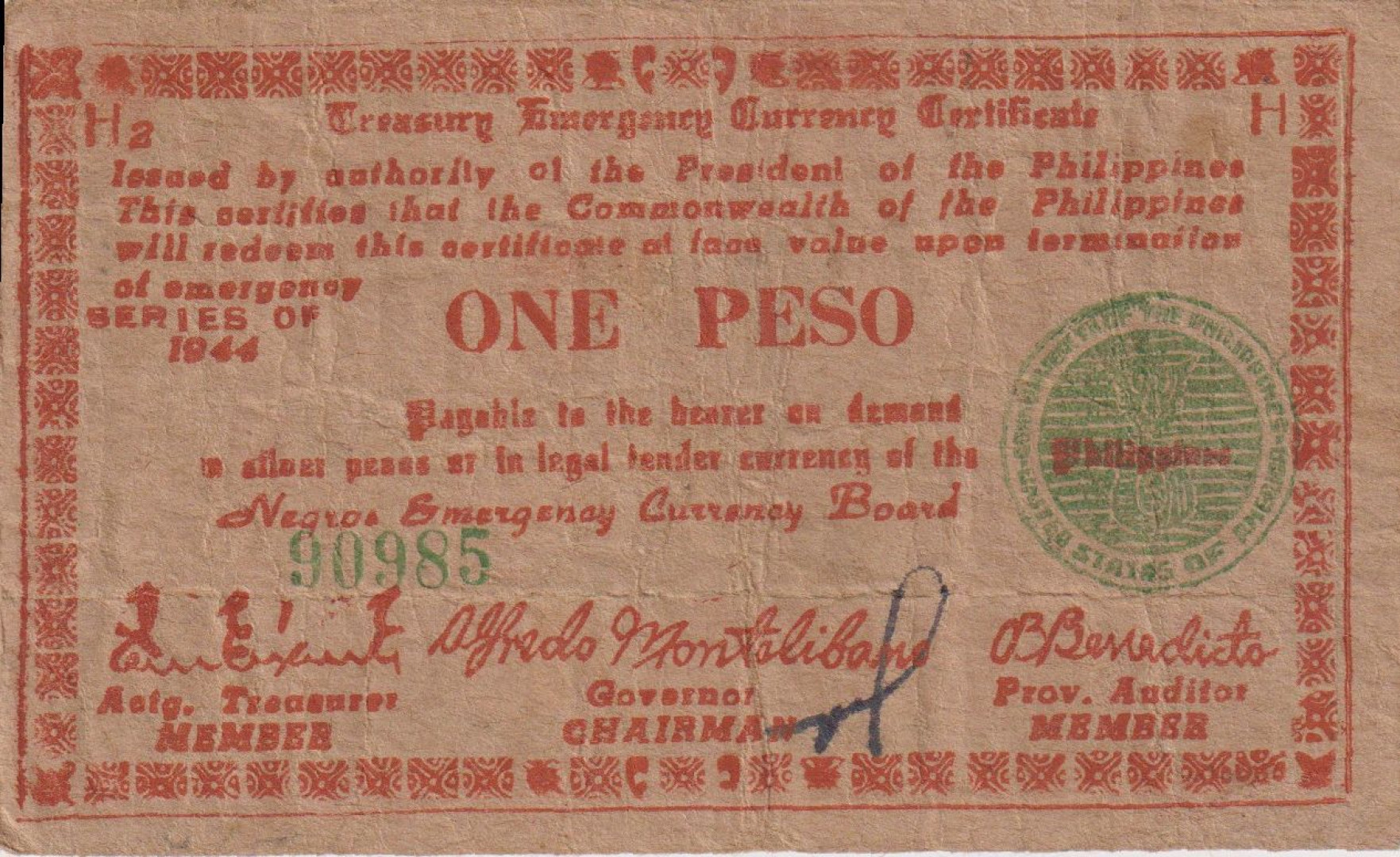 Fülöp-szig. II.Vh. 1 peso  1944.Ser. H.  NEGROS-sziget Kat:S673 vékony papír