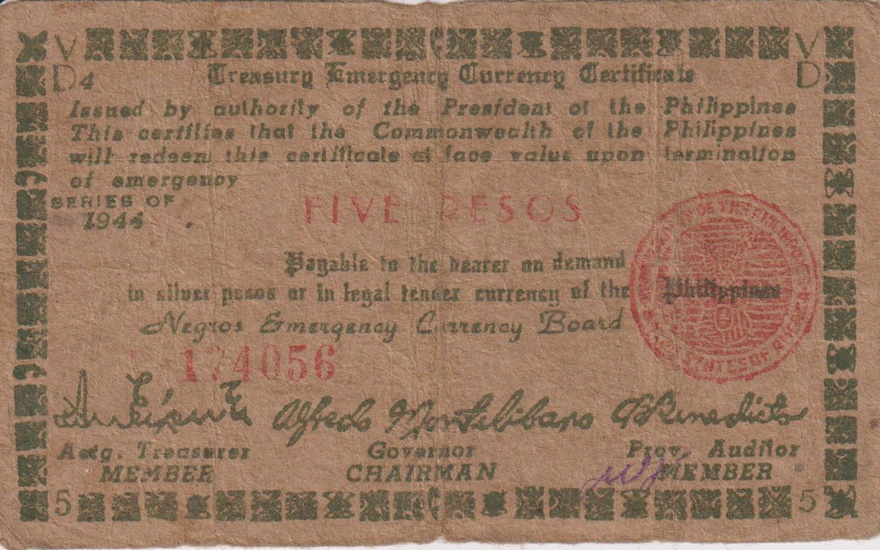 Fülöp-szig. II.Vh. 5 pesos  1944.Ser. NEGROS-sziget Kat:S675