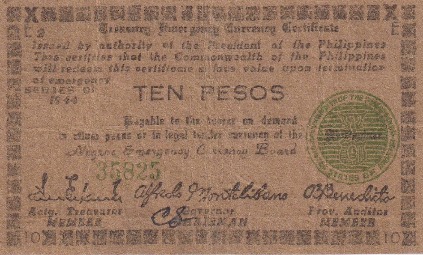 Fülöp-szig. II.Vh. 10 pesos  1944.Ser. NEGROS-sziget Kat:S677