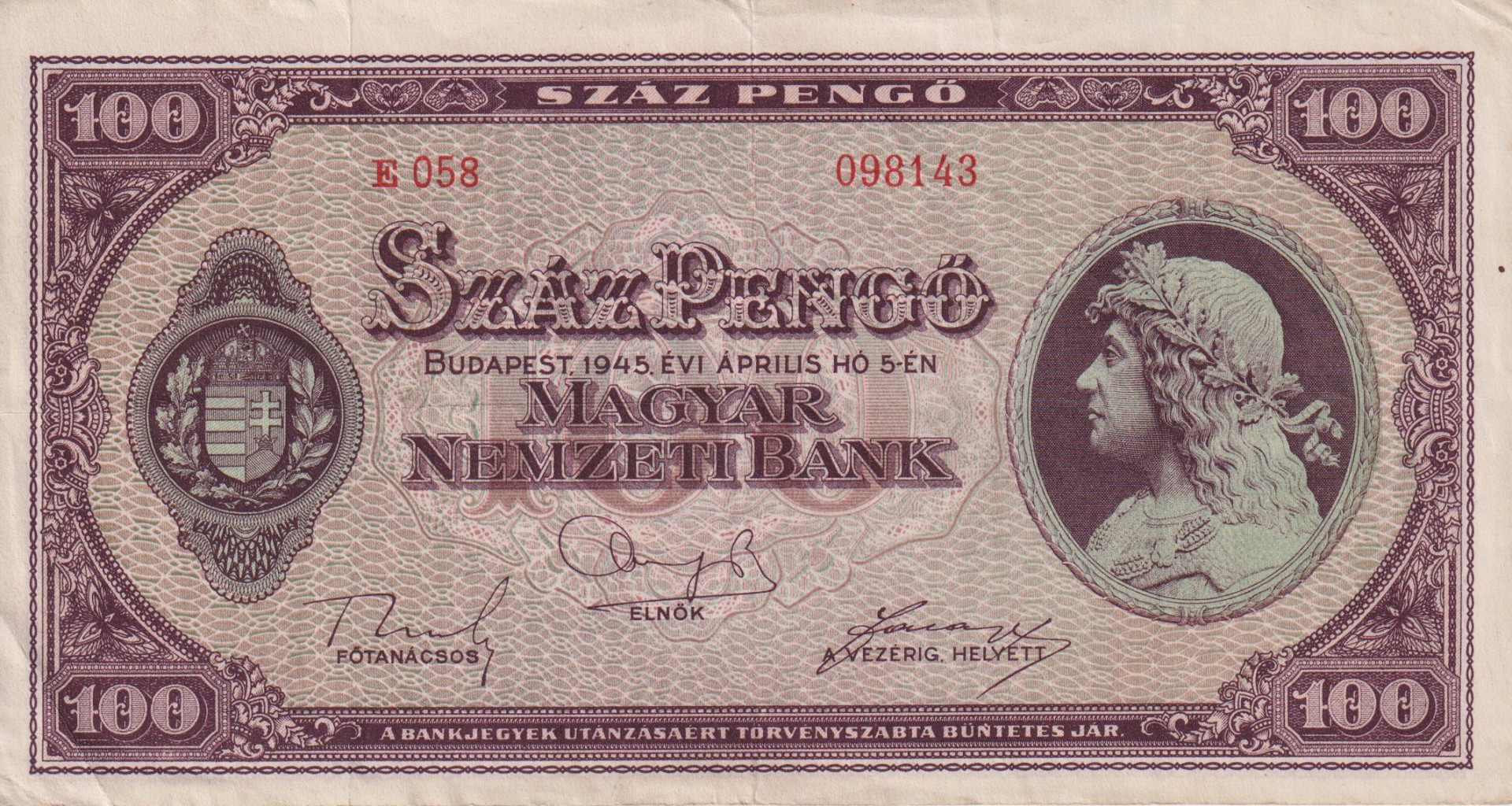 100 pengő 1945. E 058