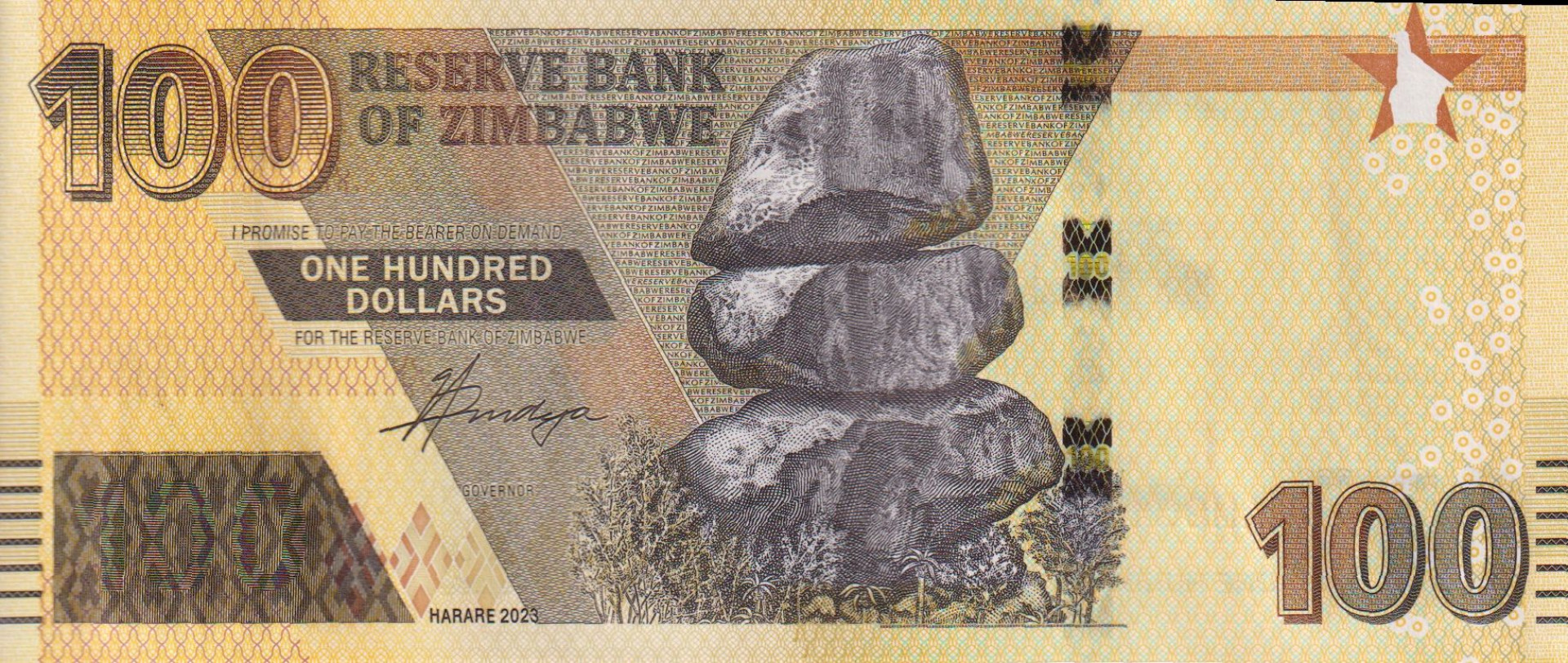 Zimbabwe 100 dollars 2023.  P 106