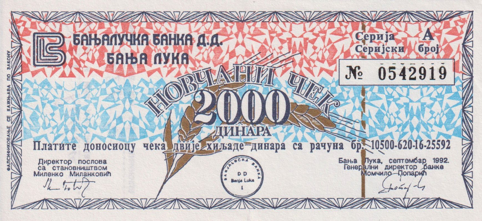 Bosznia-Hercegovina (Banja Luka) 2000 dinár 1992. bon P 48a