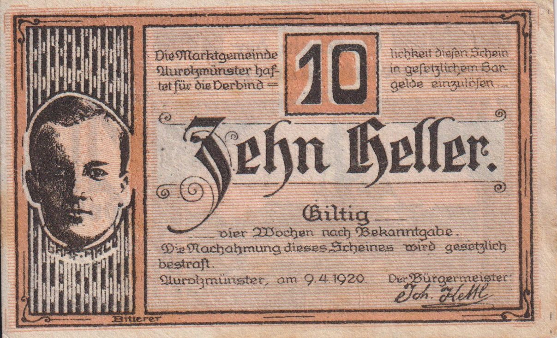 Aurolmünster 10 heller 1920