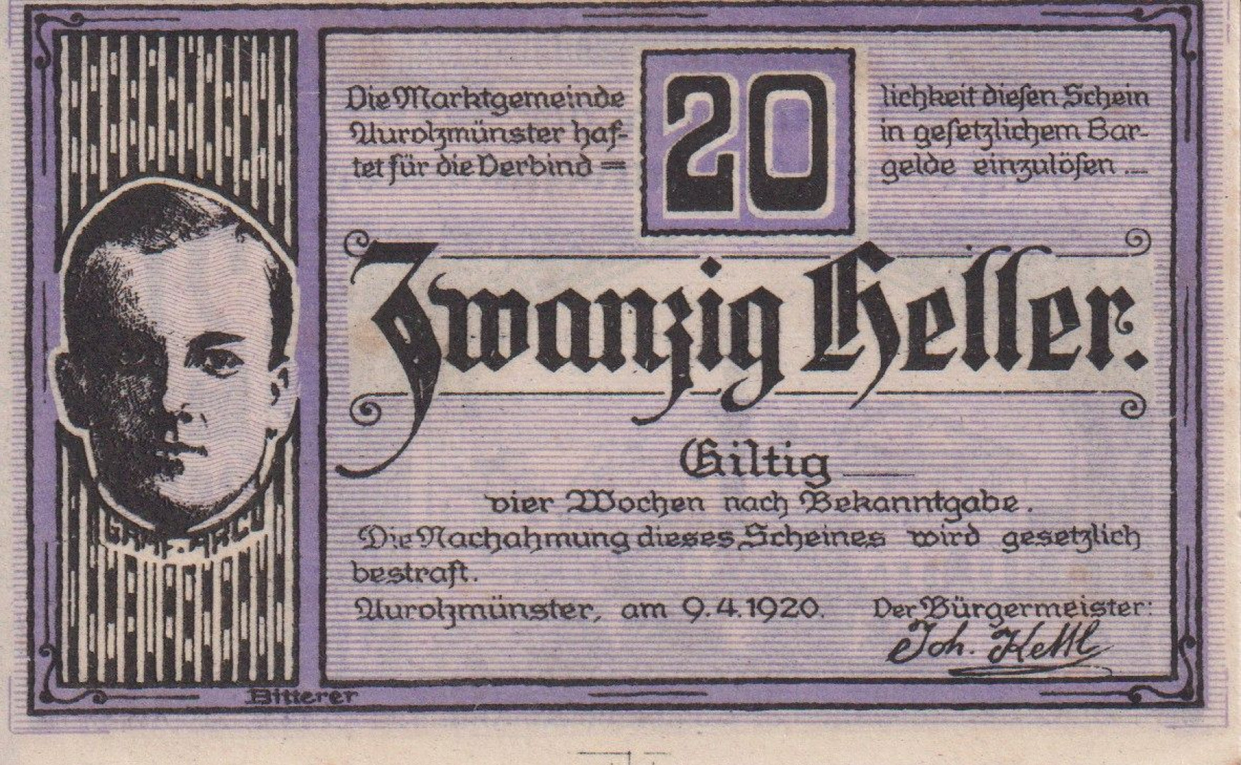 Aurolmünster 20 heller 1920