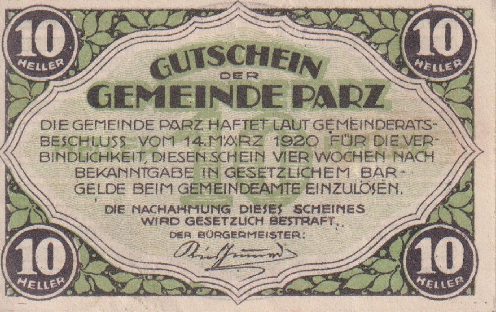 Parz 10 heller 1920