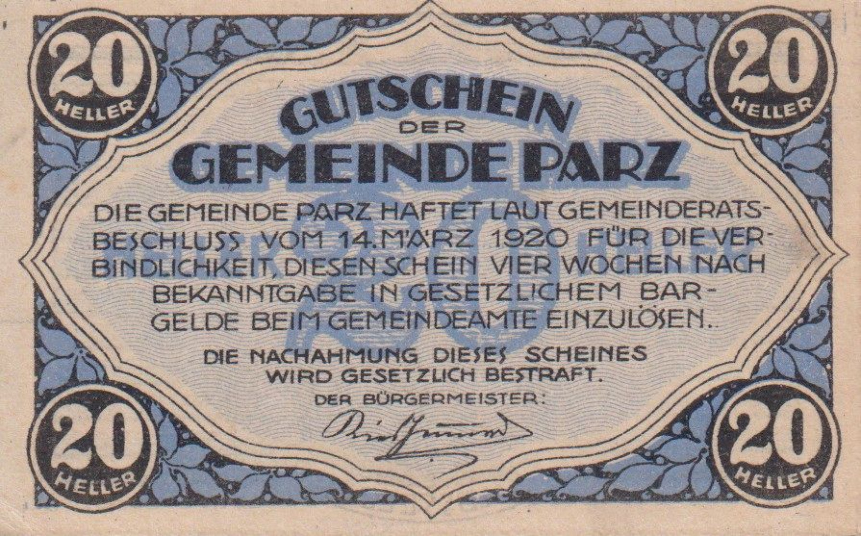 Parz 20 heller 1920
