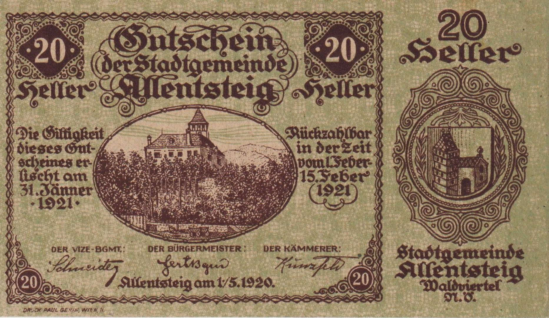 Allentsteig 20 heller 1920