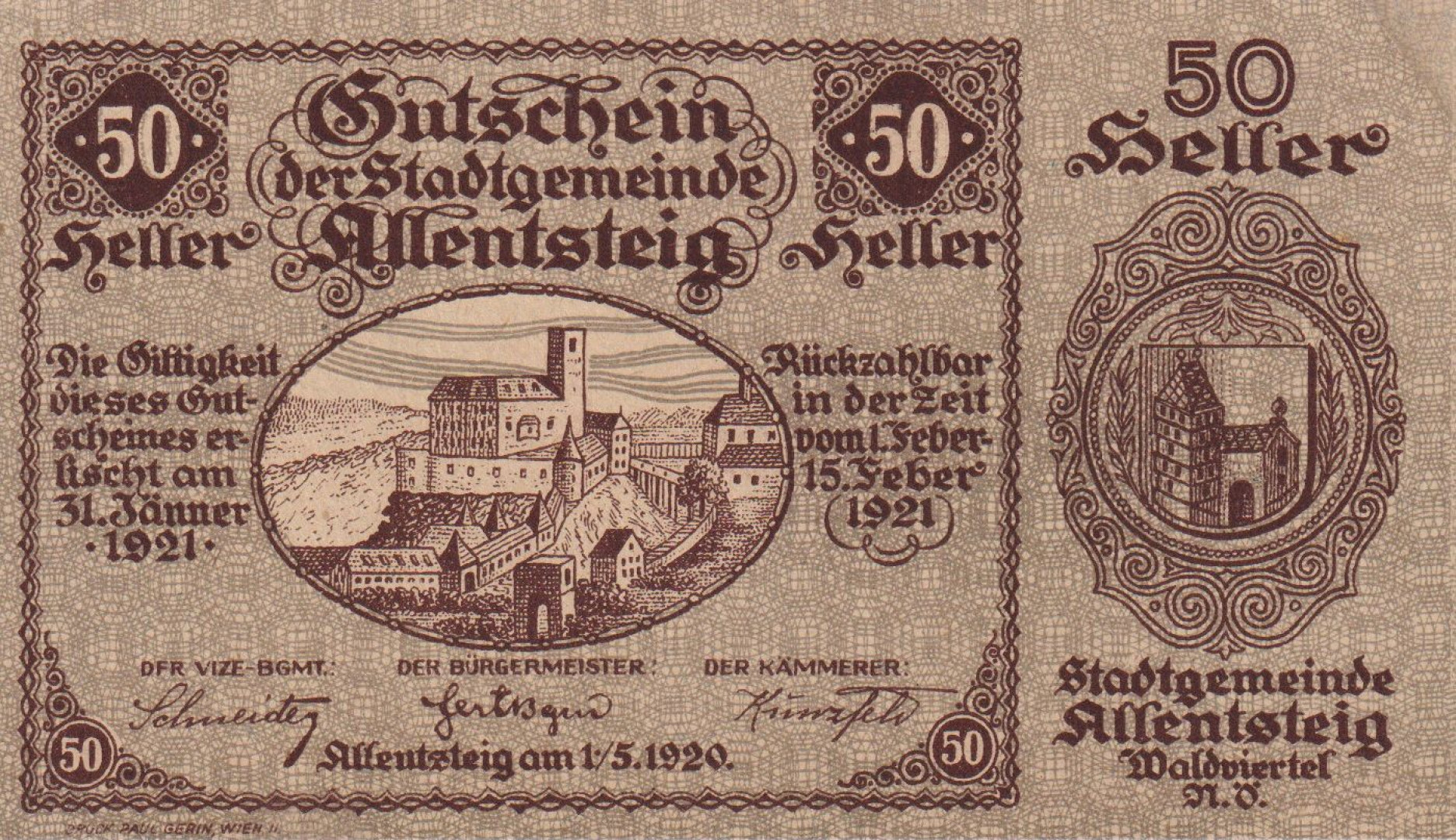 Allentsteig 50 heller 1920