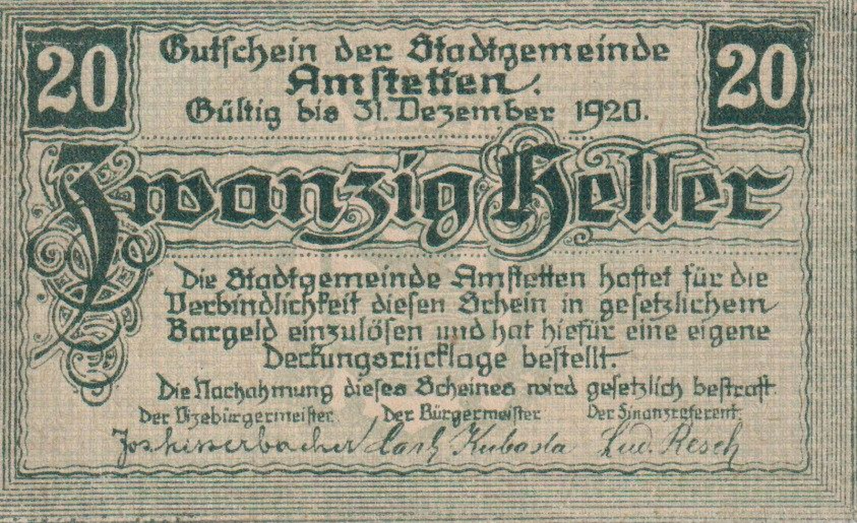 Amstetten 20 heller 1920