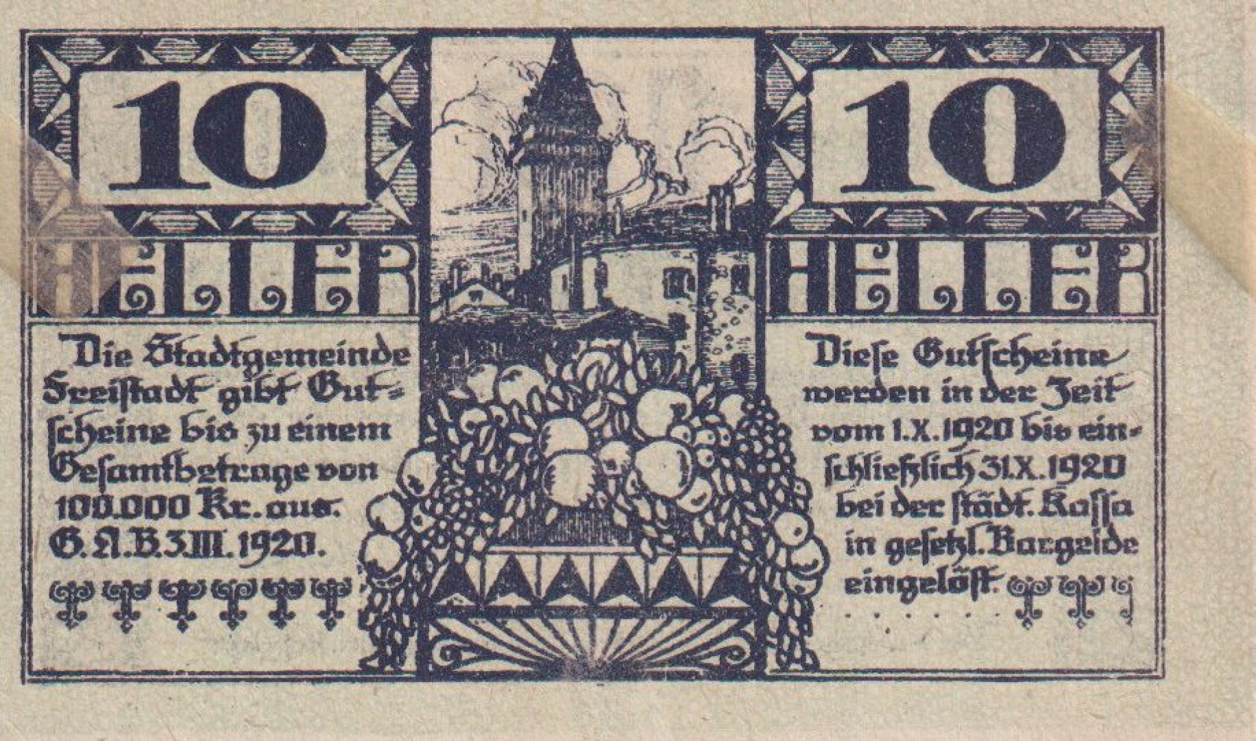 Freistadt 10 heller 1920